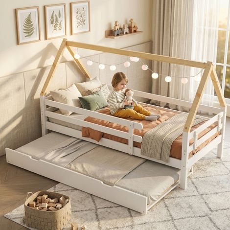 Lit cabane dans les arbres, lit de jour, lit simple, lit enfant, lit gigogne, lit coulissant sur roulettes, lit blanc, charpente apparente couleur naturelle (90x200 et 90x190 cm) (1/4)