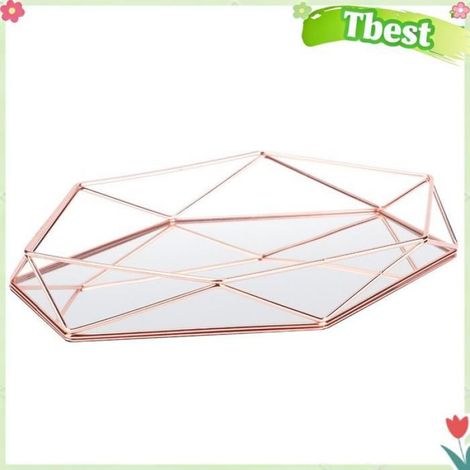 Tbest Plateau miroir doré Salle de bain Sexangle miroir métal or cosmétique bijoux rangement organisateur meuble boite Or Rose (1/4)