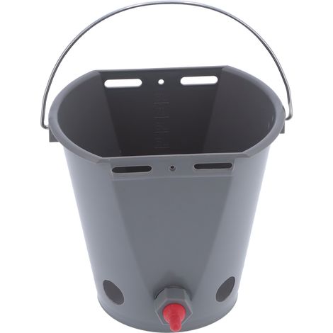 8L seau d'alimentation en plastique de qualité alimentaire pour élevage, gris, avec 5 tétines pour agneaux.