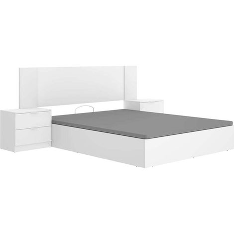 Conjunto de cabecero + dos mesitas + canape para cama de 150cm Leonor acabado blanco, 251cm(ancho) 96cm(alto) 196.4cm(fondo).