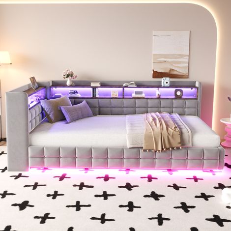 Divano letto 90x200 cm in velluto grigio chiaro con contenitore e LED - FLORAGRACE (1/5)