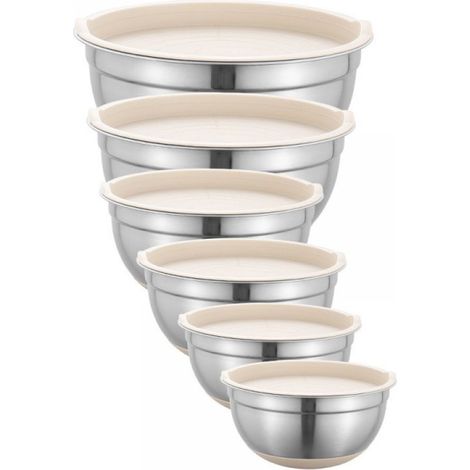 Bol À Mélanger - Acier Inoxydable - Avec Couvercles - Set De 6 Pièces Empilables - Fond Antidérapant En Silicone - Capacités 1,5 À 7 Quarts