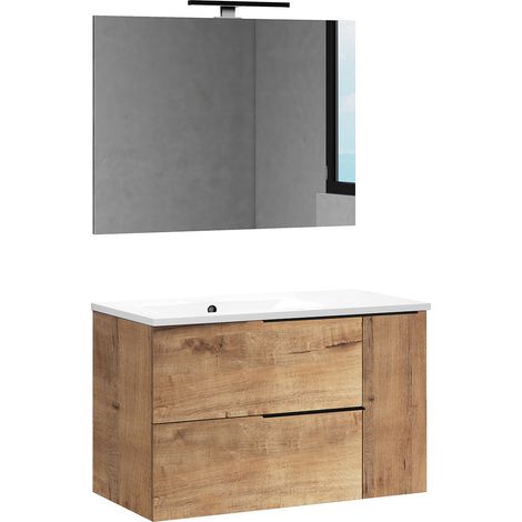Kibath Mueble de baño con Lavabo, Espejo y Aplique LED TRIBU 80x45 cm acabado ROBLE OSTIPPO mate 2 cajones suspendido (1/5)