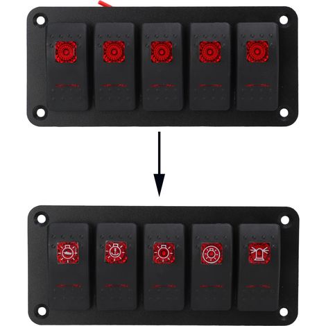 Panneau de commande 12V/24V 20A/10A 5 canaux à voyant rouge équipé de 50 étiquettes marines et 50 étiquettes pour véhicules (A6713-Z)