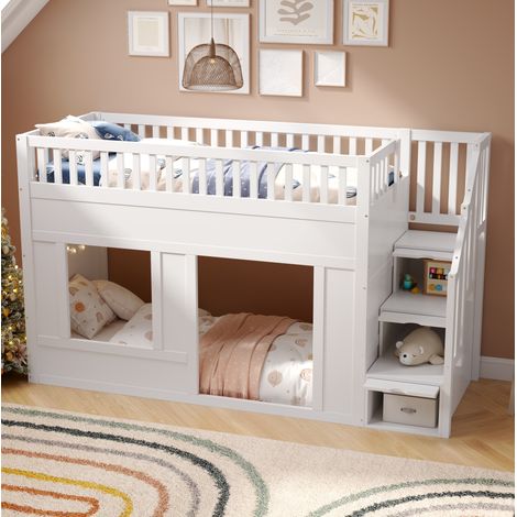 Kinder-Etagenbett (251.5x95x150.5 cm), mit Treppenschrank, Spielbereich unten, Massivholz und MDF, Weiß (1/5)