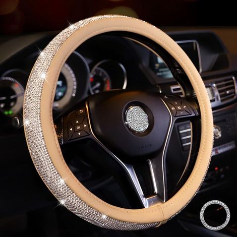 Couvre Volant Paillette Strass Protege Volant Voiture en Cristal Diamant Brillant 38 cm Antidérapant Glitter Housse Volant Voiture Bling Accessoires pour Femmes (Beige-Blanc) (1/5)