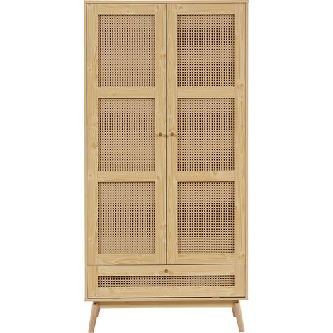 Kleiderschrank mit Kleiderstange, 2 Türen, mit Rattangeflecht und Flip-Top-Fach unten, Schlafzimmer- & Wohnzimmerschrank, Spanplatte + PE-Rattan, Natur