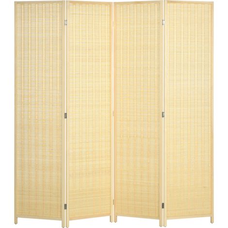 Paravent 4 panneaux en bambou et coton 180 x 180 cm avec cadre en pin, pliable, séparateur d'espace intérieur (1/5)