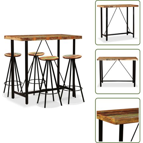 Ensemble de bar 5 pcs Bois de récupération massif - Ensemble De Bar - Meuble Industriel - Table De Bar - Tabouret De Bar - Bois Recyclé (1/5)