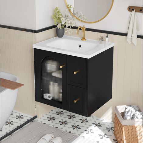 Mobile lavabo sospeso 60,5x47,5x57 cm con lavabo in ceramica, anta in vetro scanalato, cassetto e LED, MDF, nero (1/5)