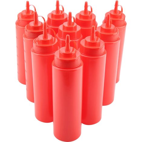 720ml 10pcs Distributeur de Sauce en Plastique pour Huile, Vinaigre, Crème (Rouge) (1/5)