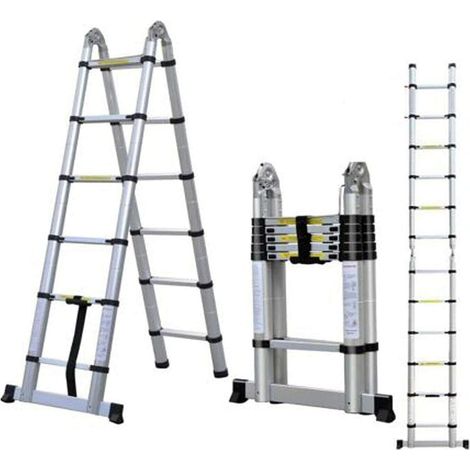 Alu Teleskopleiter 3,8M klappleiter 1,9M+1,9M A Rahmen Leiter mit Stützstange 12 sprossen Aluleiter Ausziehbar Schiebeleitern rutschfest EN131 Mehrzweckleiter belastbar bis 150 kg