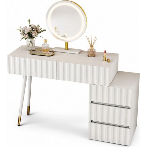 Coiffeuse avec miroir LED et 5 tiroirs, meuble maquillage blanc avec rangements, éclairage 3 tons, structure MDF et métal, pour chambre de CHICFURN (1/5)