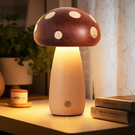 Lampe de table - Lampe champignon en bois LED - Lampe de chevet tactile sans fil rechargeable - Veilleuse à intensité variable - Portable pour la chambre - Dimensions : 10 x 17 cm (1/5)