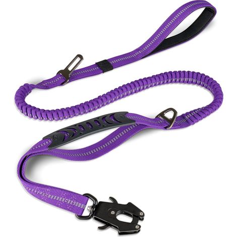 Laisse tactique élastique pour chien, anti-traction avec amortisseur, violette Pour grands chiens qui tirent, 2 poignées rembourrées pour le contrôle, attache pour ceinture de sécurité (1/5)