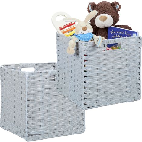 Relaxdays Set of 2 Storage Baskets, Square PP Bathroom Organiser Box, Wicker-Look Shelf Bin, 31 x 32 x 30 cm, Grey