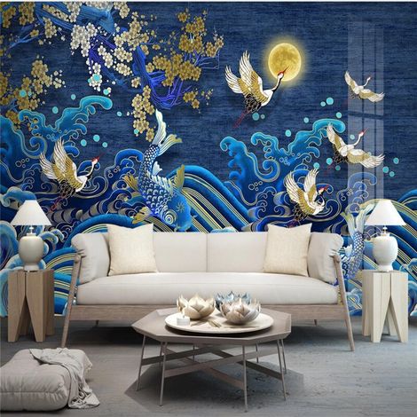 Papier Peint Japonais - Vagues et Grues sous la Lune - 500 x 270 cm (1/2)