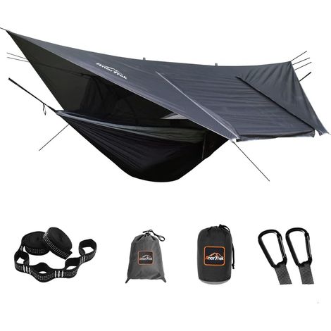 Camping-Hängematte mit Moskitonetz und Regenschutz, tragbare Doppelhängematte mit zwei Baumgurten, 210T Nylon-Hängematte und wasserdichte Plane im Set zum Wandern und Campen