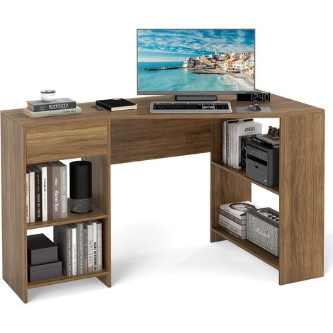 COSTWAY L-Shaped Computer Desk Compact Corner Executive Desk w/Storage-Natural (1/5)