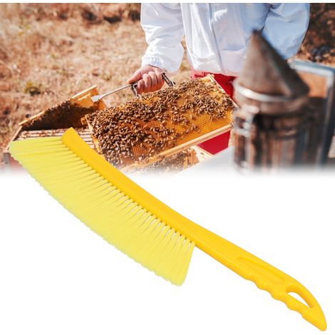 Bienenbürste mit Kunststoffborsten, gelber Kunststoffgriff, einreihig, gebogener Griff, spitzes Ende, Bürste zum Sammeln von Bienen, ohne diese zu beschädigen. (1/5)