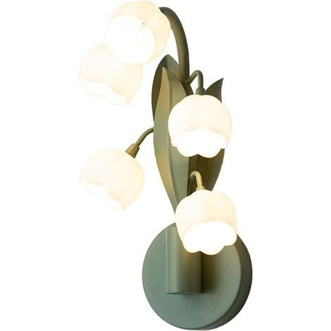Appliques Murales Fleurs 5 Lumières Muguet Applique Murale Fleur Vintage Lampes de Chevet avec 3 Modes de Couleur Lampe de Table avec Ampoules LED G4 pour Chambre, Salon, Bureau, Vert