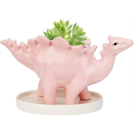 Zweiteiliger Keramik-Blumentopf für Sukkulenten, Dinosaurier-Topf, Kaktus-Topf mit Untersetzer, niedlicher Mini-Keramik-Blumentopf für Zuhause, Büro und Garten (rosa) – 18,8 x 8 x 10 cm (1/5)