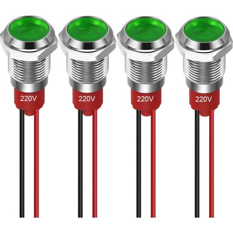 4pcs 10mm Voyant LED 220-230V Signal Lumineux étanche Panneau Métallique Voyant LED Montage sur Panneau Tête Plate avec Fils Coque Argentée (Vert) (1/5)