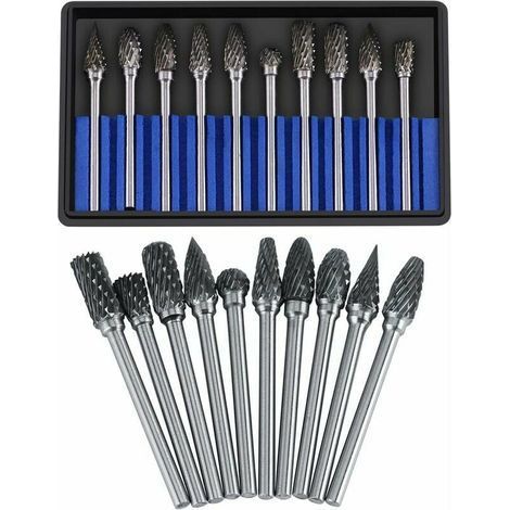 Jeu de Fraises en carbure fichiers rotatifs Acier au tungstène 10pcs diamètre tête Coupe pour Fraise 3mm Tige 6mm la perceuse à découper découpage métal Polissage Gravure perçage(Double Cut) (1/5)