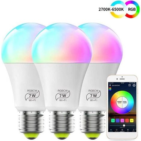 3pcs Ampoule LED intelligente E27 7W Changement de couleur Télécommande WiFi Compatible avec Alexa Google Home Siri IFTTT (1/4)