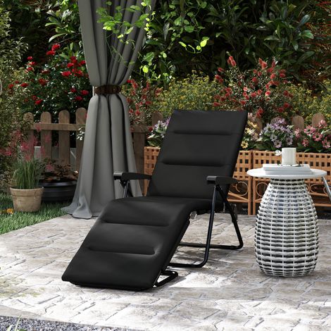 Bain de soleil pliable transat inclinable 6 positions avec matelas + accoudoirs acier polyester 153 x 58.5 x 89 cm noir