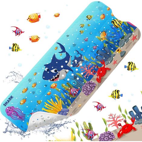 Tapis de bain antidérapant enfant 100x40cm, antibactérien, lavable, motif requin (1/5)