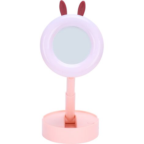 Miroir de maquillage LED portable rose pour fille, lampe miroir cartoon de bureau, coiffure enfant, vanity lumineux rechargeable (1/5)