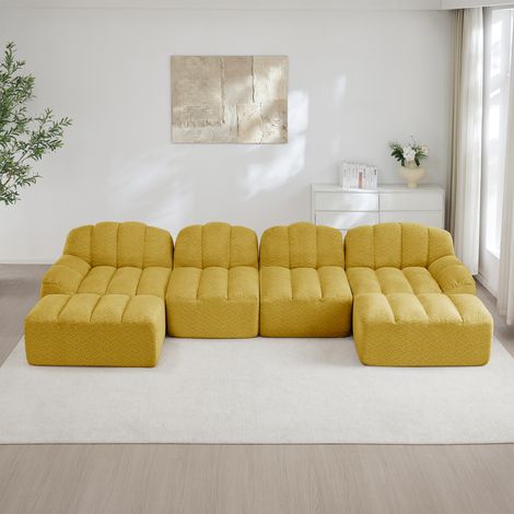 Canapé modulable 4 places en forme de U avec 2 poufs, forme coquillage, structure sans armature en mousse haute densité 32D, assise profonde, idéal pour le salon, tissu doux, jaune (1/5)