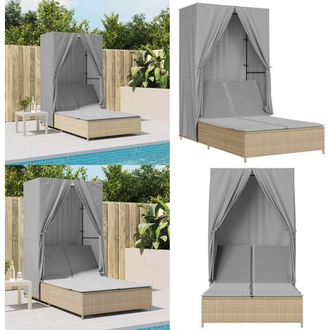 Chaise longue double avec toit et rideaux beige résine tressée - Chaises Longues Doubles - Transats - Bain De Soleil - Mobilier De Jardin - Chaises Extérieures - Home & Living (1/5)