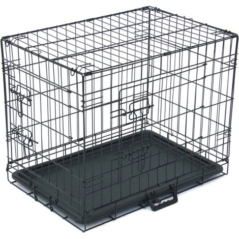 Cage Chien Pliable, Chenil pour Chien avec Cloison, bac en Plastique et 2 Portes, Cage de Transport Chien, Lapin, Chiot et Animaux Domestique, en Metal, Noir, (63 x 44 x 50.5 cm)