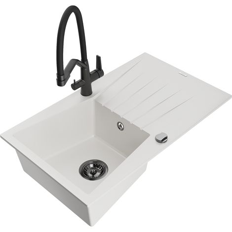 Mexen Cesar lavello in granito ad 1 vasca con scolapiatti e rubinetto da cucina Duo, bianco - 6514-20-671701-70-B (1/5)