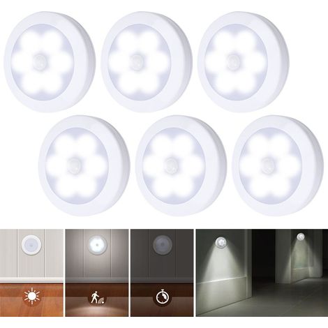 Lampe Sous Armoire Detecteur De Mouvement PIR - 6 LED Blanc Froid - Alimentation Sur Piles AAA - Pour Cuisine Armoire Couloir Escalier Salle De Bain - Lot De 6 (1/5)