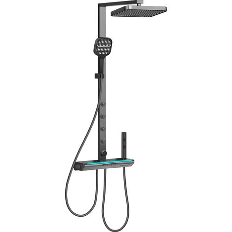 Colonne de Douche Noire avec Tête Carrée 32x22cm Ensemble de Douche 4 Modes et Hauteur Réglable Douchette avec Mitigeur 4 Jets de Massage LED Affichage Numérique Pommeau de Douche Salle de Bain