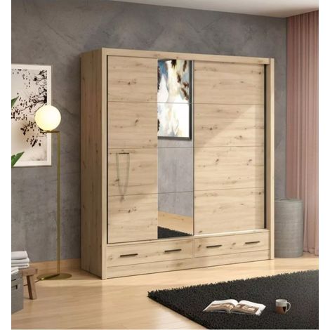 armadio scorrevole "alba" con specchio e cassetti rovere 205x60x215 cm (1/4)