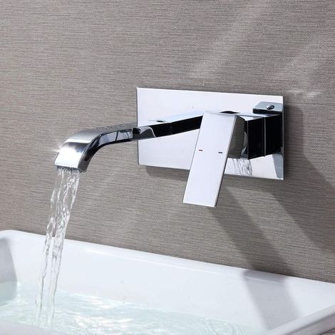 Robinet Mural Lavabo,Mitigeur Encastrable Lavabo avec Grand Bec,Robinet Encastré Lavabo,Robinet Mural de Salle de Bain en Laiton,Chromé Poli (1/5)
