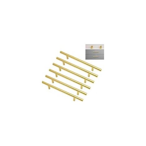 Ensemble de 6 poignées de meuble plaquées or, entraxe de 128 mm, poignées de tiroir en acier inoxydable pour meubles de chambre et de cuisine, longueur 200 mm - Crezuo (1/4)