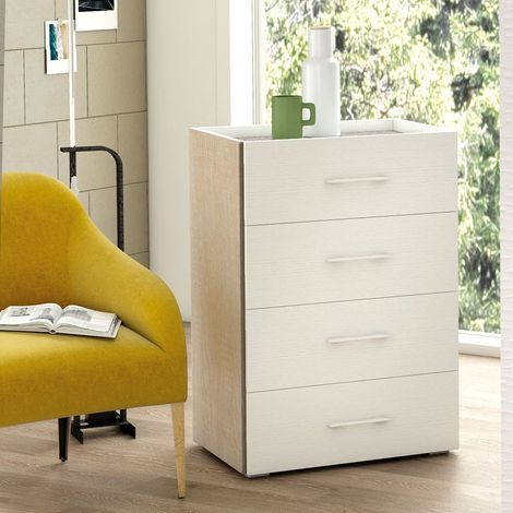 Schrank mit 4 Schubladen, Metallführungen und Oberseite mit Behältertablett aus Eichenholz mit weißen Fronten (1/4)
