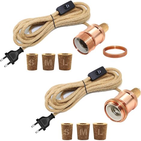 2PCS Kit Lampe Bouteille, 240CM Corde de Chanvre Câble, Céramique Douille E27, Support Ampoule pour Bouteille, 3 Bouchons Souples, Adaptateur de Bouteille pour Différent Abat Jour, Or Rose (1/5)