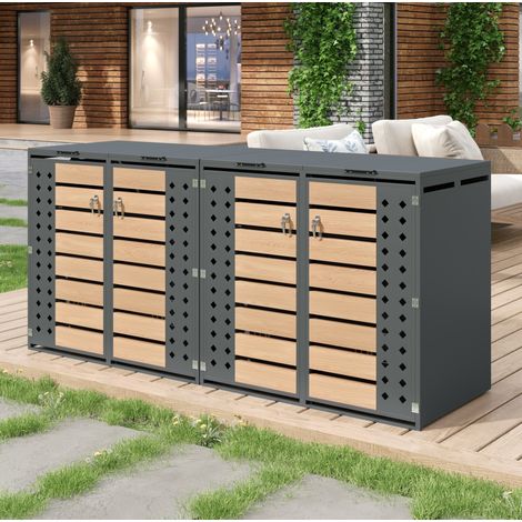 Armadio da giardino per bidoni spazzatura in acciaio zincato grigio ed effetto legno, 4 vani con coperchio idraulico (1/5)