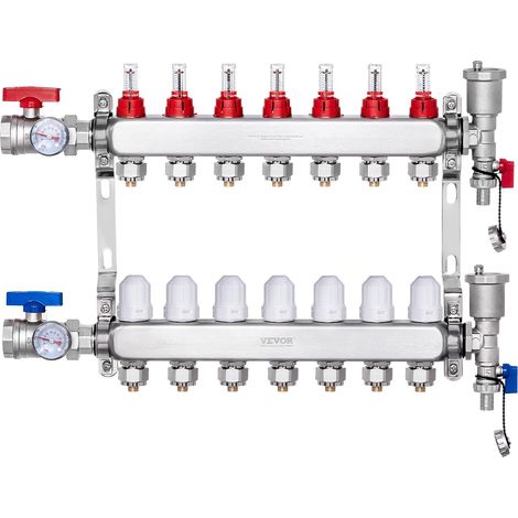 VEVOR Collettore di Riscaldamento Radiante a 7 Rami, Collettore per Tubi PEX da 12,7 mm in Acciaio Inossidabile PEX, con Adattatori da 12,7 mm, per Pavimento Radiante Idronico, Kit Collettore PEX