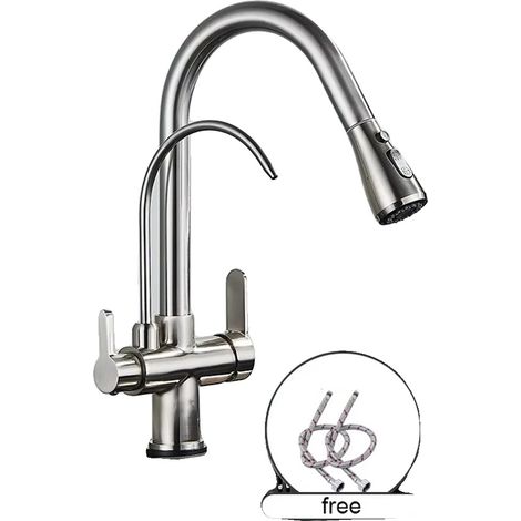 Grifo con filtro de agua, doble manija, caño retráctil, níquel cepillado. (1/2)