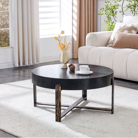Table basse ronde 68 cm noire en MDF et métal avec style industriel rétro et pieds antidérapants (1/5)