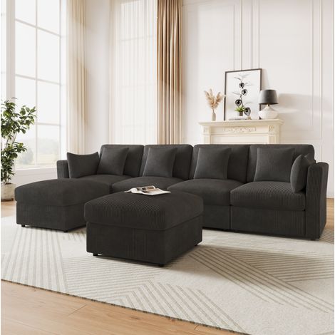 Divano angolare modulare in velluto a coste 290 x 159,5 cm grigio con pouf DESVIAE (1/5)