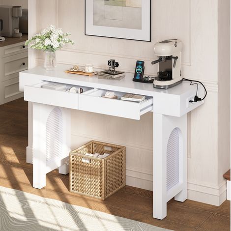 Mesa consola de MDF blanco 120 cm con 2 cajones, regleta integrada USB y patas regulables (1/5)