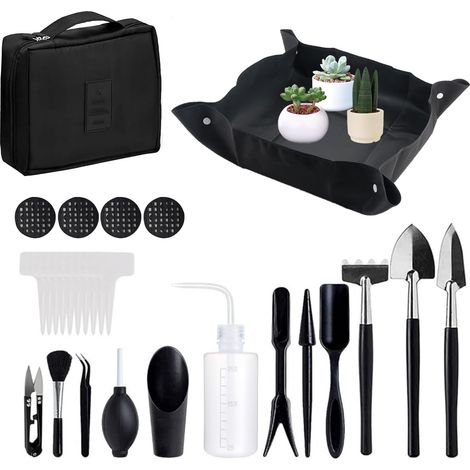 Kit de 28 mini-outils de jardinage avec tapis de rempotage imperméable (50 x 50 cm) et sac de rangement – Pour intérieur et extérieur (1/5)
